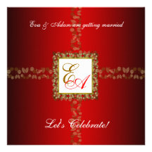 Wedding Couples Shower Invitation Red Gold Leaf