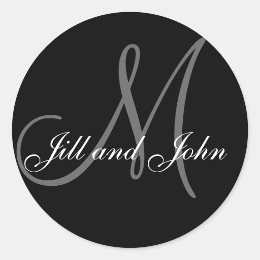 Wedding Custom Monogram & Names Black & Grey Seal Round Sticker