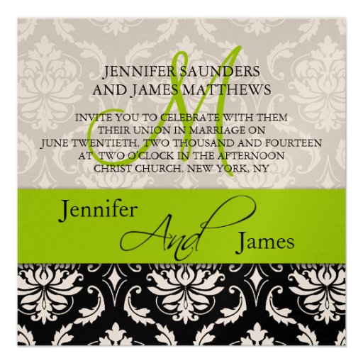 Wedding Damask Monogram Names Green Invitation