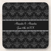 Wedding favors Black damask Drink Coaster