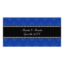 Wedding favors Blue damask Picture Card