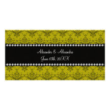 Wedding favors Mustard yellow damask Picture Card