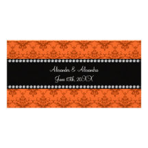 Wedding favors Orange damask Photo Greeting Card