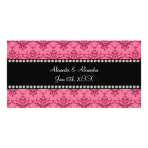 Wedding favors Pink damask Photo Card Template