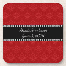 Wedding favors red damask drink coaster