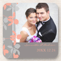 Wedding Favour Coral Grey Floral Photo Coasters