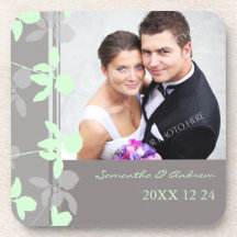 Wedding Favour Mint Grey Floral Photo Coasters