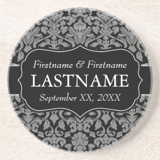 Wedding Favour - Vintage Black Damask Pattern Beverage Coaster