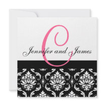 Wedding Invitation Monogram Names Hot Pink Damask