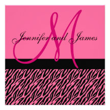 Wedding Invitation Monogram Names Hot Pink Zebra