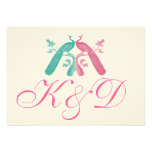 Wedding Invitation Peacocks Monograms Pink Blue