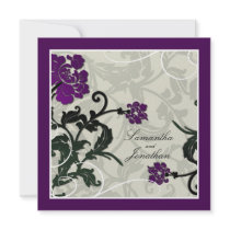 Wedding Invitation Purple Green Floral Leafy Swirl