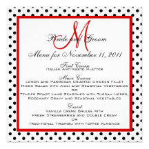 Wedding Menu Cards Dots Red Monogram Square Personalized Announcement