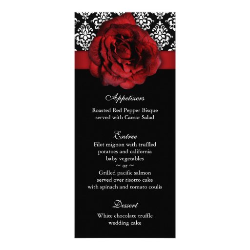 Wedding Menu Cards Red Rose Damask Customized Rack Card