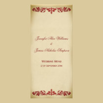 Wedding Menu Vintage Leaf Scroll in Burgundy rack cards