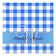 Wedding monogram blue gingham checkers personalized invitation