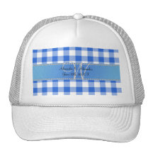 Wedding monogram blue gingham checkers mesh hats