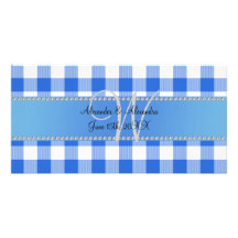Wedding monogram blue gingham checkers photo cards