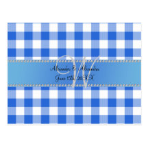 Wedding monogram blue gingham checkers post cards