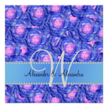 Wedding monogram blue roses invite