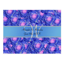 Wedding monogram blue roses post card
