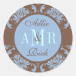 Wedding Monogram Brown Blue Damask Seal Sticker