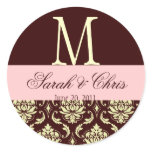 Wedding Monogram Damask Brown Pink Ivory Seal Round Sticker