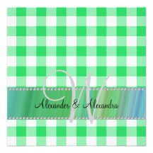 Wedding monogram green gingham checkers invitations