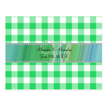Wedding monogram green gingham checkers post cards