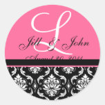 Wedding Monogram Initial Names Pink Damask Seal Round Sticker