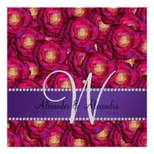 Wedding monogram maroon pink roses invitations
