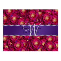 Wedding monogram maroon pink roses postcard