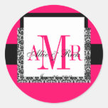 Wedding Monogram Names Black Damask Hot Pink Sticker