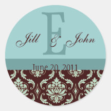 Wedding Monogram Names Date Damask Brown Blue Stickers