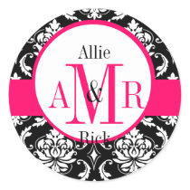 Wedding Monogram Names Hot Pink Damask Seal Stickers