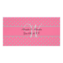 Wedding monogram pink diamonds photo card