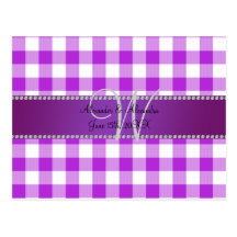Wedding monogram purple gingham checkers postcard