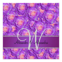 Wedding monogram purple roses invites