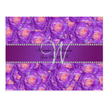 Wedding monogram purple roses post cards