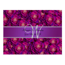 Wedding monogram purple roses post cards