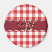 Wedding monogram red gingham checkers fridge magnets