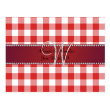 Wedding monogram red gingham checkers postcard