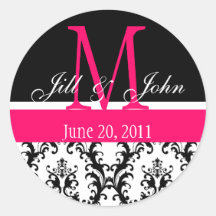 Wedding Monogram Save the Date Damask Hot Pink Sticker