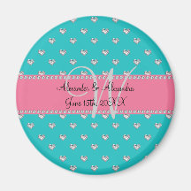 Wedding monogram turquoise diamonds hearts refrigerator magnet