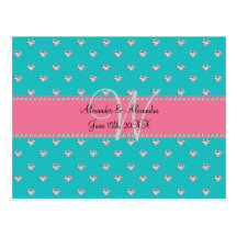 Wedding monogram turquoise diamonds hearts post cards