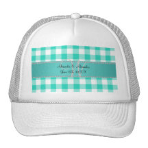 Wedding monogram turquoise gingham checkers trucker hats