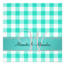 Wedding monogram turquoise gingham checkers custom announcements