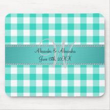 Wedding monogram turquoise gingham checkers mouse pads