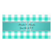 Wedding monogram turquoise gingham checkers photo card