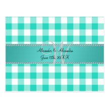 Wedding monogram turquoise gingham checkers postcards